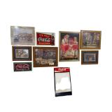 5 FRAMED COCA-COLA PRINTS, 2 RECTANGULAR METALLIC COCA-COLA ADVERTISING SIGNS, COCA-COLA MENU, PIONEER TYPE FRAMED AND MATTED PRINT