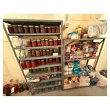PAIR OF METAL SHELVES, ONE IN GOOD SHAPE, ONE SHOWING SOME RUST ON THE TOP SHELF - MULTIPLE CANNING JARS, SOME WITH FOOD IN THEM, SOME EMPTY - BLUE BALL PERFECT MASON JARS - OTHER SHELF HAS CHOCK-FULL