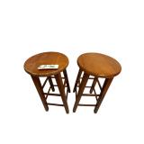 2 HEAVY WOODEN ROUND TOP BARSTOOLS APPROX. 29” TALL