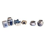 CONNIE PRAIRIE 1993 “GALENA” STONEWARE JAR, STONEWARE HOFBRAÜ MUNICH SALT GLAZE BEER MUG, PFALTZGRAFF PIGGY BANK, STONEWARE FOLK ART PIGGY BANK, 2 STONEWARE MINI HEART VOTIVE CANDLEHOLDERS