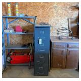 TWO DRAWERS OVER TWO DOOR CABINET, FOUR DRAWER METAL FILING CABINET, FOUR SHELF METAL SHELF WITH CONTENTS