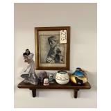 NAVAJO NATIVE AMERICAN FRAMED PRINT BY PENNINGTON, CERAMIC NATIVE AMERICAN STATUE, SMALL POTTERY CANDLEHOLDER, 2 NATIVE AMERICAN/WESTERN STYLE BELLS, THE GREAT SMOKY MOUNTAINS POTTERY VASE, OTHER WEST