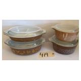 2 PYREX EARLY AMERICAN "HERITAGE"/"ROOSTER WEATHERVANE" OVULAR CASSEROLE DISHES, ONE 1.5 QT AND ONE 2.5 QT; TWO ROUND WOODLANDS PATTERN  PYREX CASSEROLE DISHES