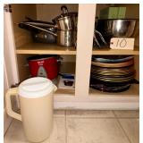 STAINLESS STEEL DOUBLE BOILER, SS SKILLET, 3 TEFLON SKILLETS, 6 SS NESTING BOWLS, LARGE TEFLON SAUCEPAN WITH LID, APPROX. 19 PLASTIC CHARGERS, RUBBERMAID PLASTIC 1 GAL PITCHER, 6 CUP AROMA BRAND ELECT