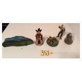 PAINTED DRIFTWOOD DECORATION, METALLIC WESTERN WOMAN DECOR, SMALL BEAD FIGURINE DISPLAY, AVON JOHN WAYNE FIGURINE, SMALL HAND-PAINTED JOHN WAYNE SCULPTURE IN GLASS GLOBE