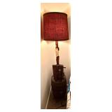 BARREL ELECTRIC LAMP DECORATED W/ SQUARE NAILS, LATCHES, FASTENERS, OTHER IRON, ANVIL, SHOE LASS, ETC.