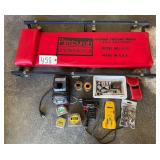 PITTSBURGH PROFESSIONAL CREEPER WITH SOLDER GUN AND SOLDER WIRE, ASSORTED TAPE MEASURES, CRAFTSMAN 10 PIECE CROWFOOT WRENCH SET, CRAFTSMAN RATCHET WITH SOCKETS AND CRAFTSMAN BATTERY OPERATED MEASURING