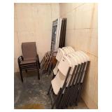 LIFETIME PLASTIC CHAIRS, TWO LIFETIME 6 FOOT PLASTIC TABLES, 2 - 6 FOOT LAMINATE TABLES, TWO RATTAN FOLDING CHAIRS, ONE METAL SAMSONITE CHAIR AND FOUR OUTDOOR PATIO CHAIRS