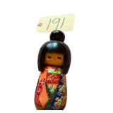 KOKESHI WOODEN DOLL APPROX. 8" - BEAUTIFUL RED KIMONO WITH HAND PAINTED FLOWERS