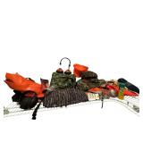 2 EAR PROTECTORS, ORANGE HAT, CAMOUFLAGE HAT, GLOVES, RAIN SUIT, CABELA’S CAMOUFLAGE BAG, COMPASS BOTTLE OPENER, AND OTHER ASSORTED HUNTING GEAR