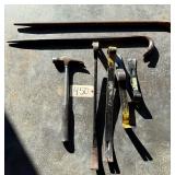 ASSORTMENT OF PRY BARS AND NAIL PULLERS AND HAMMER