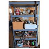 FIVE SHELF METAL SHELF WITH CONTENTS: JUMPER CABLES, BOLTS AND SCREWS, VASES, ALUMINUM COFFEE POT AND RIDGID DRAIN CLEANER