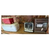 ONE IGLOO 25 COOLER, ONE IGLOO LARGE WHITE COOLER, ONE KEROSENE RADIANT 10 HEATER, ONE VANGUARD GAS HEATER