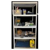 PLASTIC 5 SHELF UNIT INCLUDING CONTENTS: CAULK, LIGHT BULBS, RECHARGEABLE VACUUM, SPONGES, WOOD REFINISHING ITEMS, SHEETROCK POLE, FIBERGLASS WIRE RUNNING KIT AND OTHER ITEMS