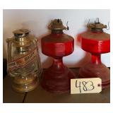 TWO VINTAGE OIL LAMPS AND ONE SUPERIOR QUALITY KEROSENE LAMP
