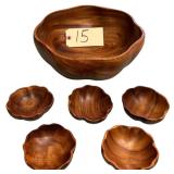 MONKEYWOOD LARGE SALAD BOWL WITH 5 SMALLER BOWLS - MADE IN PHILIPPINES