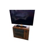 LG 42” TELEVISION, TOSHIBA VCR, MAGNAVOX BLU-RAY PLAYER, DESK LIGHT, WOODEN ENTERTAINMENT STAND W/ GLASS DOOR