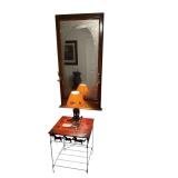 MIRRORED HANGING HALL TREE, IRON BASE/WOODEN TOP WESTERN THEME SIDE TABLE, IRON BASE BOOT ELECTRIC LAMP