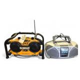 DEWALT ELECTRIC WORKSITE RADIO WITH BATTERY CHARGER IN BACK AND AIWA CASSETTE, CD, RADIO