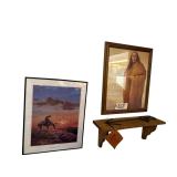 “END OF THE TRAIL” PRINT, NATIVE AMERICAN PRINT, ALASKAN ORNAMENTAL IRON MOOSE HOLDER, WOODEN WHATNOT SHELF