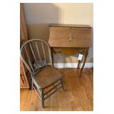 VINTAGE OAK SECRETARY DESK WITH DROP-FRONT WRITING SURFACE AND DRAWER, VINTAGE WOODEN CHAIR