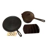 CAST IRON COVERED POT, CAST IRON FLAT SKILLET, CAST IRON CORN STICK PAN