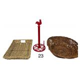 RED METAL ROOSTER PAPER TOWEL HOLDER, OVAL GRAPEVINE BASKET, 9 X 13 WOVEN BASKET