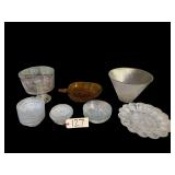 ASSORTMENT OF CLEAR GLASSWARE: TRIFLE DISH, LARGE SALAD BOWL, DEVILED EGG TRAY, SALAD BOWLS, ETC.; AMBER COLOR GRAPE PATTERN SERVING DISH