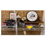 SHELF LOT TO INCLUDE SCHAEFER BEER CLOCK, GUN BOOK, RADIO, VCR/DVD COMBO AND SEED CATALOGUE PRINTS