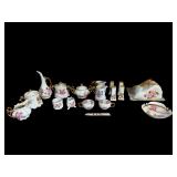 APPROX. 17 PIECES OF PORCELAIN W/ ROSE DESIGN AND GOLD TRIM: SALT & PEPPER SHAKERS, SLANTED BUTTER DISH, CREAM AND SUGARS, HANDLED CANDY DISH, TOOTHPICK HOLDER, ETC.