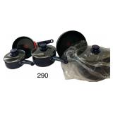 SET OF T-FAL BRAND NEW COOKWARE: 2-HANDLE POT W/ LID, 1-HANDLE POT W/ LID, MEDIUM SAUCE PAN W/ LID, SMALL SAUCE PAN, SKILLET
