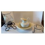 WARRANTED PRINCESS BOWL AND PITCHER, CRACKLE GLASS BOWL IN IRON STAND, LARGE GLASS HURRICANE STYLE CANDLEHOLDER W/ IRON BASE