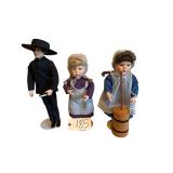 3 THE DANBURY MINT AMISH PORCELAIN DOLLS BY FAYZAH SPANOS: AMISH BRIDEGROOM, ELIZA, SARAH (MISSING BASKET) - ALL W/ COA’S