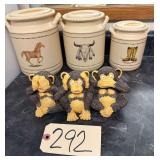 HEAR NO EVIL, SPEAK NO EVIL, SEE NO EVIL MONKEY FIGURINE, 3 WESTERN THEME CANISTERS - BOOTS, HORSE, BULL