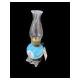 ANTIQUE OIL LAMP W/ EMBOSSED GLASS AND CAST IRON BASE, EAGLE USA BURNER