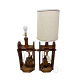 2 WOODEN BLOCK AND TACKLE ELECTRIC LAMPS (1 SHADE)