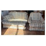 UPHOLSTERED LOVESEAT AND CHAIR AND PINE SIDE TABLE