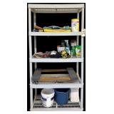PLASTIC 5 SHELF UNIT WITH CONTENTS: BADMINTON RACKETS, SIDEWALK CHALK, HEAVY DUTY BUNGEE CORDS, BUCKETS, GARDENING TOOLS AND MORE