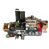 ASSORTMENT OF FISHING TACKLE, INCLUDING TACKLEBOX WITH LURES, FISHHAWK 200 FEET TEMPERATURE DIGITAL DEPTH COUNTER, HOOKS, LURES, REELS, COLOR SELECTOR, FISHFINDER AND FISHING STRING