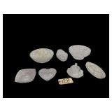 AMERICAN PRESCUT SERVING BOWL, 2 PRESSED GLASS CANDY DISHES, PRESSED GLASS BUTTER DISH W/ LID, DIVIDED RELISH, OTHER PRESSED GLASS RELISH DISH, OTHER PRESSED GLASS SERVING BOWL