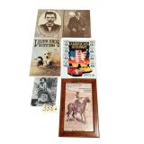 2 METALLIC SIGNS, 2 OLD TIMEY STYLE (NEWER) PRINTS, MARLIN FIREARMS CO. MAN ON HORSE WESTERN PRINT, OTHER WESTERN PRINT
