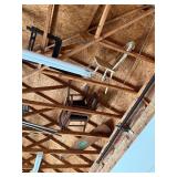 TWO MISSION OAK CHAIRS, ONE VINTAGE IRONING BOARD AND TWO OTHER CHAIRS