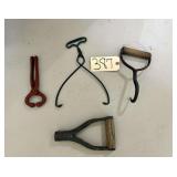 VINTAGE TONGS, HAY HOOK, SHOVEL HANDLE & ANTIQUE PLIERS
