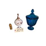 VINTAGE PEACOCK BLUE GLASS FOOTED COMPOTE W/ LIDS, VINTAGE LIDDED ART SPECKLE GLAZE STUDIO POTTERY PIECE, CHINESE INSIDE-PAINTED SNUFF BOTTLE