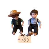 2 THE DANBURY MINT AMISH PORCELAIN DOLLS APPROX. 9” TALL SITTING HEIGHT W/ COMPOSITE DOG