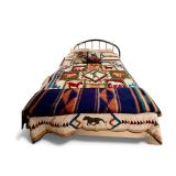 FULL SIZE BED FRAME W/ BRASS ACCENT HEADBOARD W/ WESTERN COMFORTER AND BLANKET