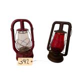 RED DIETZ LANTERN W/ CLEAR GLOBE, EMBURY SUPREME BLACK LANTERN W/ RED GLOBE