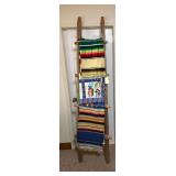 HANDMADE WOODEN PRIMITIVE/NATIVE AMERICAN STYLE LADDER W/ NATIVE AMERICAN STYLE COVERLETS