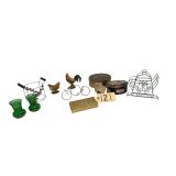 2 VINTAGE DECORATIVE RESIN ROOSTERS, WIRE NAPKIN HOLDER, 2 DECORATIVE TINS, VINTAGE LIPTON TEA BAG TIN, CONDIMENT HOLDERS, SMALL DECORATIVE STONEWARE VASE, 2 VINTAGE ANCHOR HOCKING GREEN GLASS BUD VAS