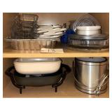 RIVAL ELECTRIC SKILLET, ALUMINUM ICE BUCKET WITH TONGS, 2 - 11 X 16 DISPOSABLE FOOD TRAYS, FOOD SCALE, 3 PLASTIC ICE TRAYS, GLASS DIVIDED RELISH TRAY, ROUND GLASS PLATTER, PLASTIC DIVIDED CHIP AND DIP